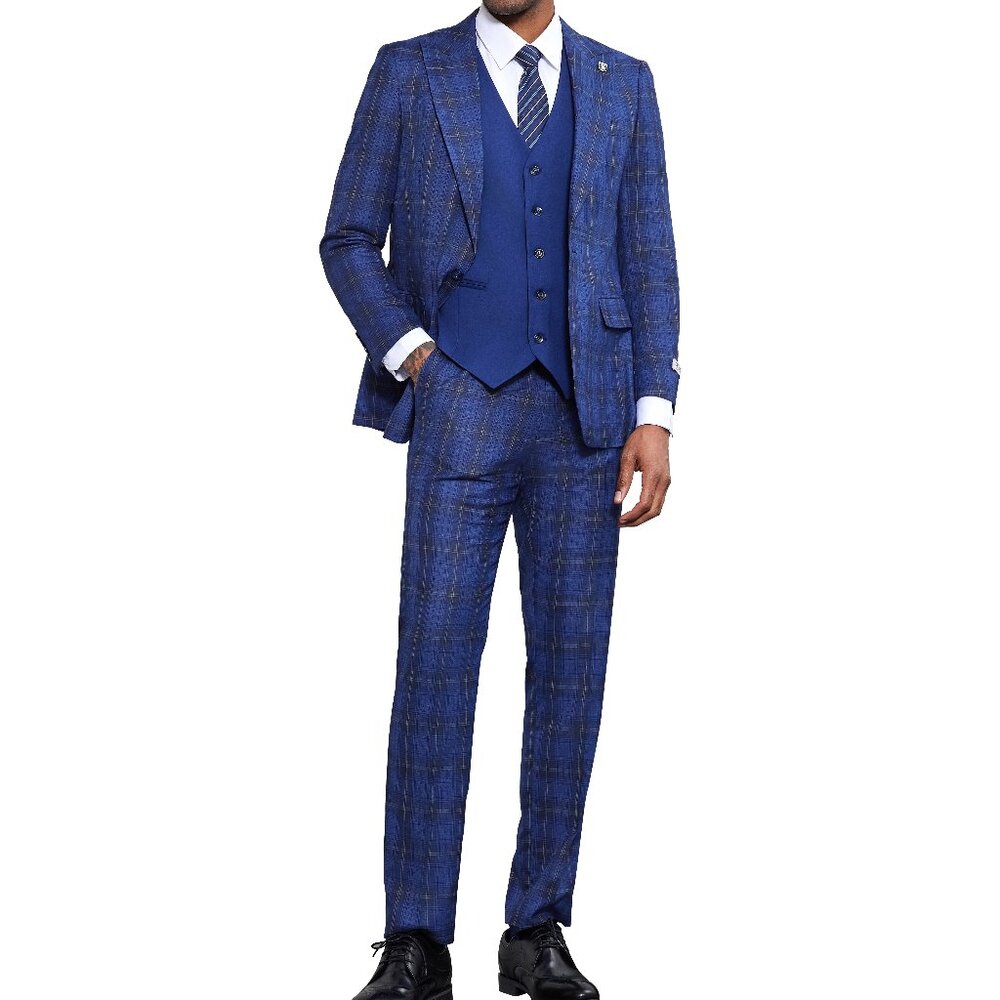 Royal Blue Plaid 3 Piece Stacy Adams Men's Suit